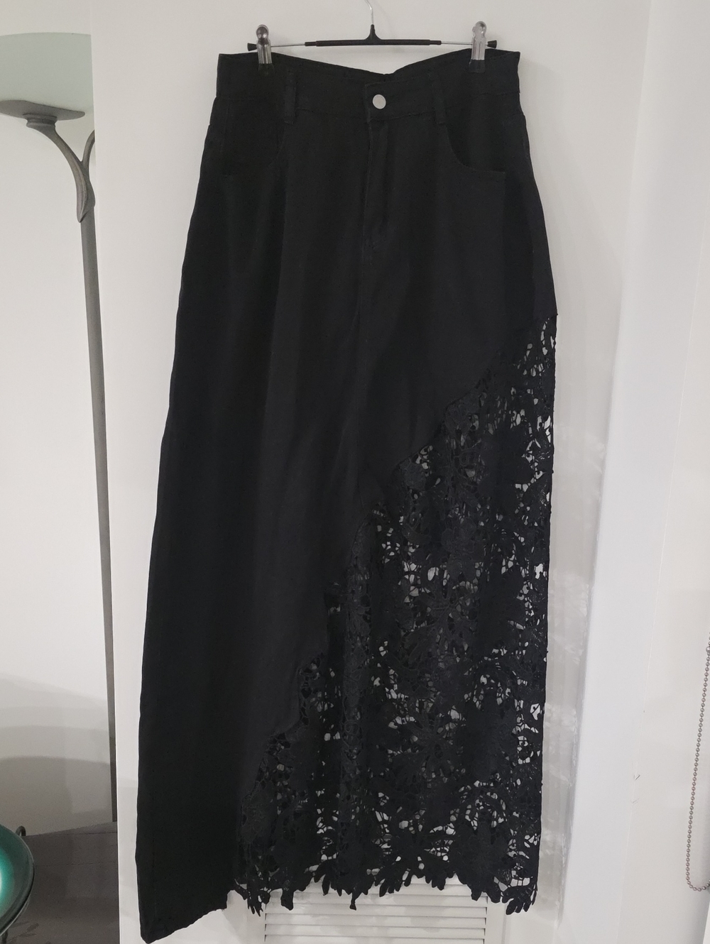 Women's Black Demin Lace-Panel Maxi Skirt